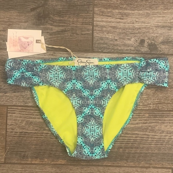 NWT Jessica Simpson Small Shirred Hipster Bikini Bottoms S Marine Blue Green - Picture 2 of 8